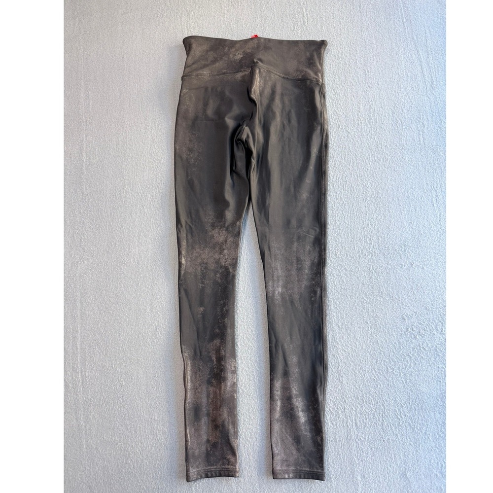 Spanx Metallic Distressed Faux Leather Leggings Black Pewter Medium M